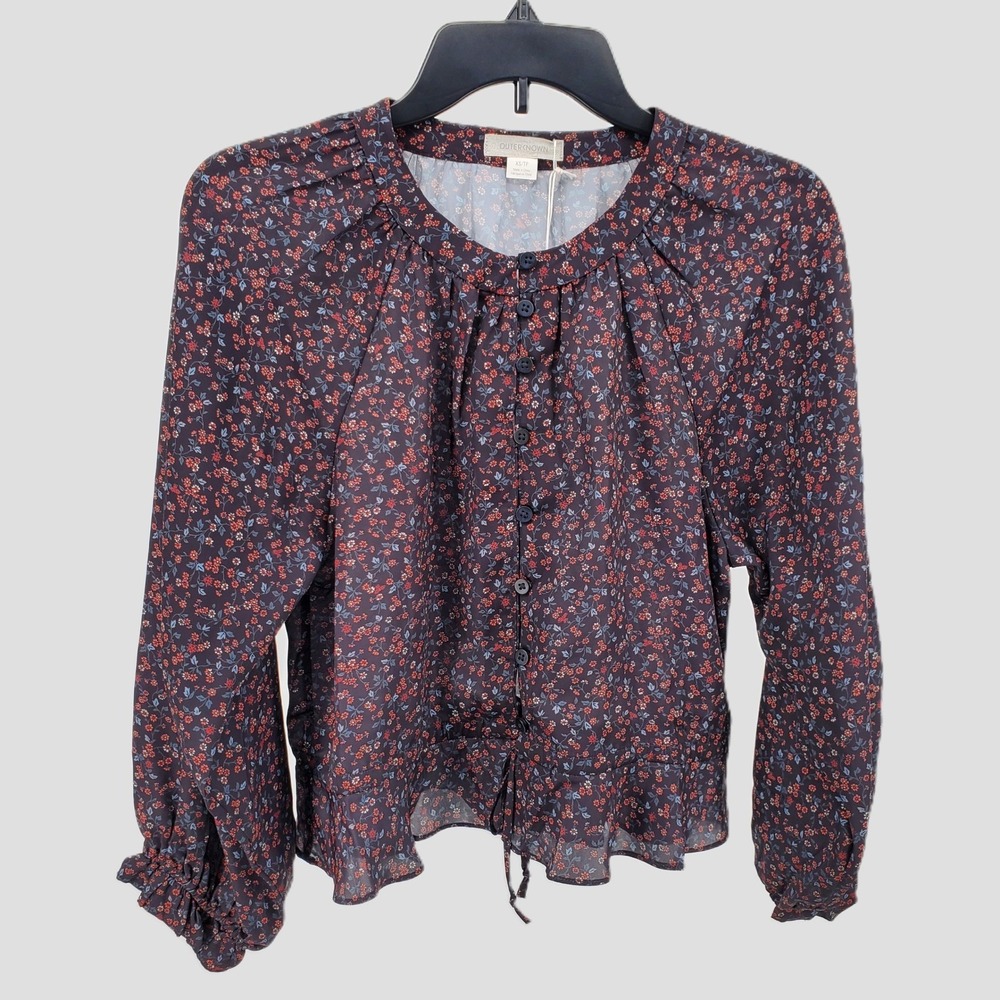 Outerknown Floral Ladybug Button Front Poet Blouse XSmall Blue Red Multi Peasant